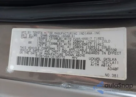 2003 Toyota Sequoia Limited V8 from USA, damaged, VIN 5TDBT48A13S165772